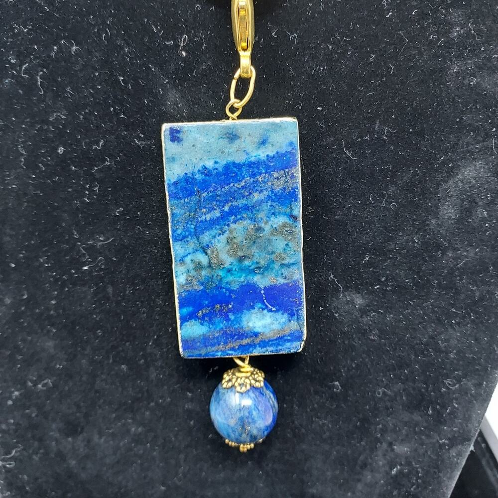 Lapis Lazuli Pendant 2" x 1" x .25" Thick plus 1" Bead Dangle Gold Tone Accents
